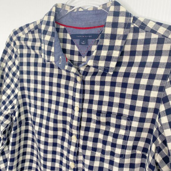 Tommy Hilfiger Shirt Size M Blue/White Gingham Plaid 1/4 Button Front Tabbed Sl - Picture 6 of 9